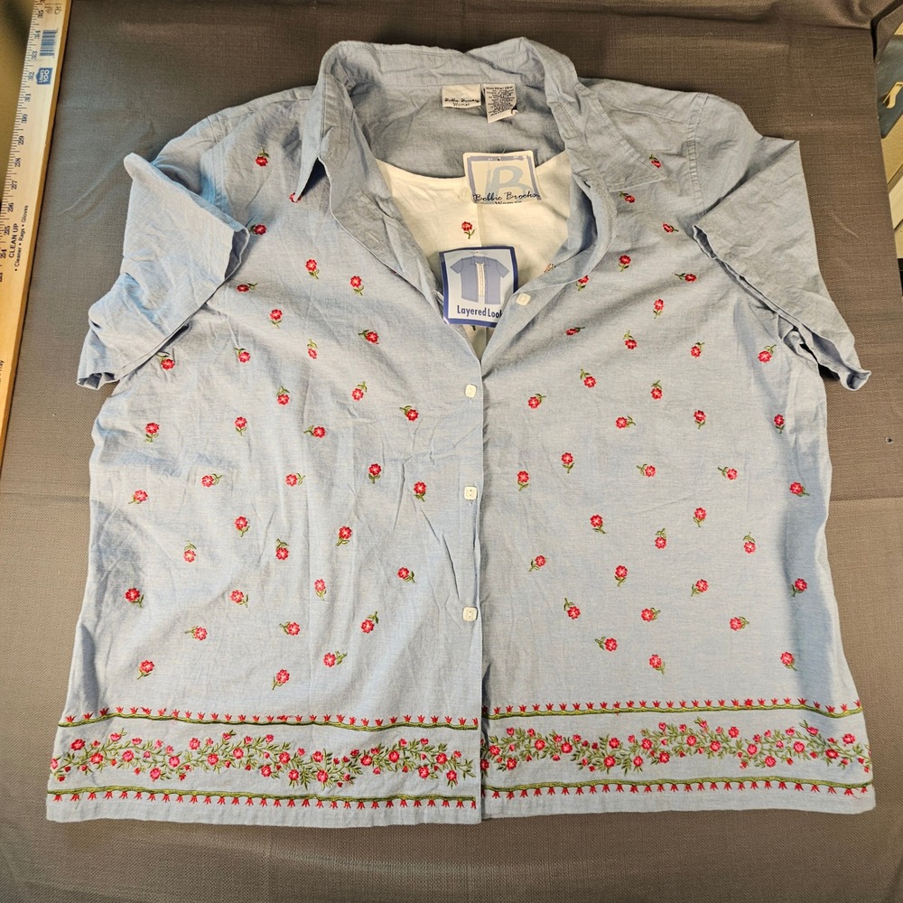 Bobbie Brooks Woman Blue Chambray Floral Embroidered Layered Top 26W/28W‎ NWT